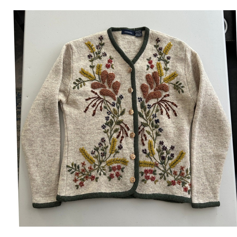 Vtg Eagles Eye Cardigan Cream Green 100% Wool Botanical Whimsigoth Cottagecore